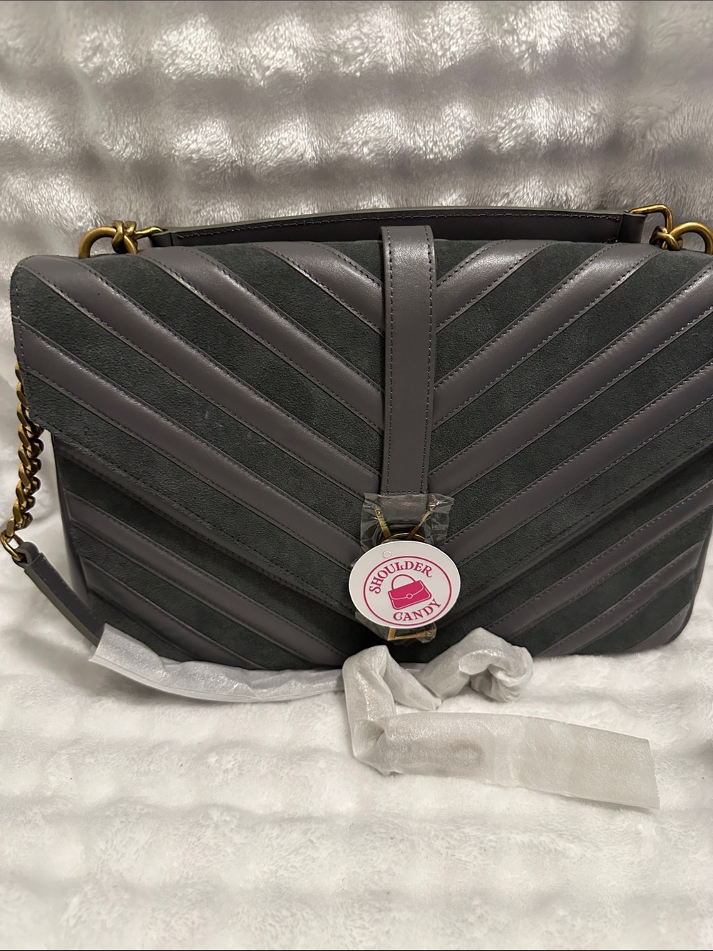 Quilted Chevron Shoulder Bag in Dark Gray w/top handle